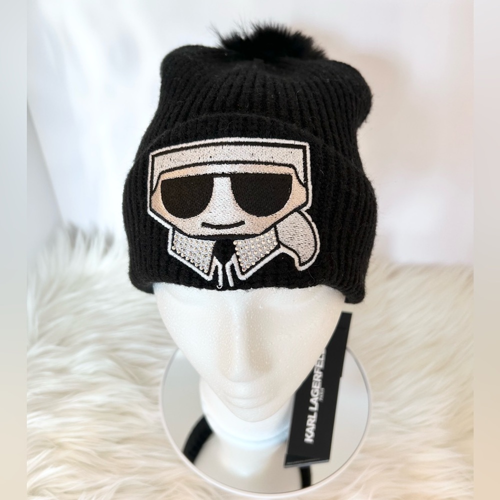 Karl Lagerfeld Beanie Hat with Faux Fur Pom NWT